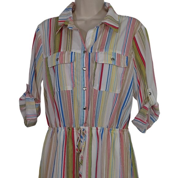 Bebop Striped Button Bodice Shirt Dress Women Size L Roll Tab 3/4 Sleeves NEW - Picture 2 of 14